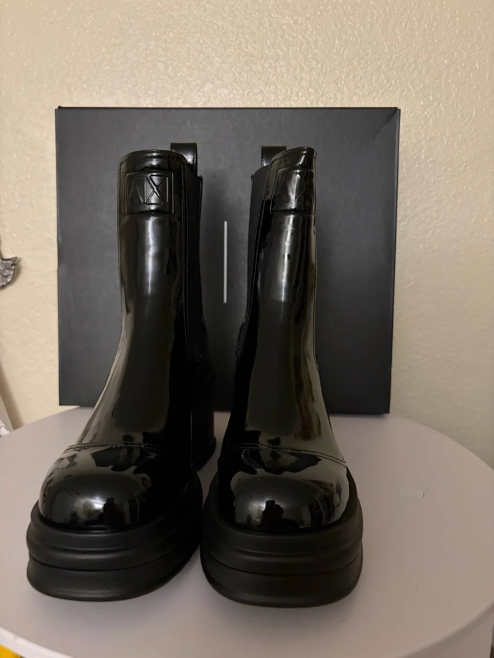 Armani Exchange Black Patent Chelsea Platform Heeled Boots - Picture 4 of 8
